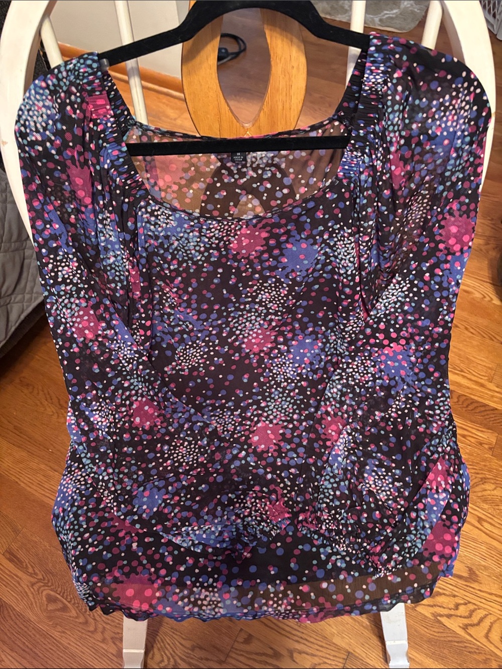 Zac & Rachel Black Scoop Neck Blouse with Pink & Blue Dot Print